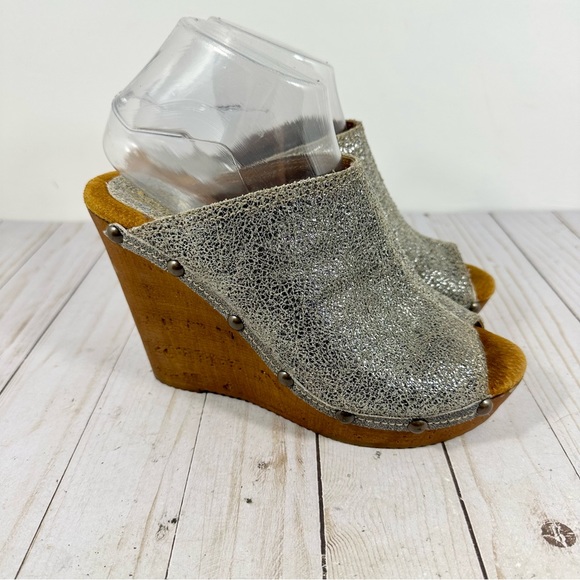 Sbbica Vintage Collection Metallic Silver Leather Mule Open Toe Wedge 39 - Picture 1 of 10